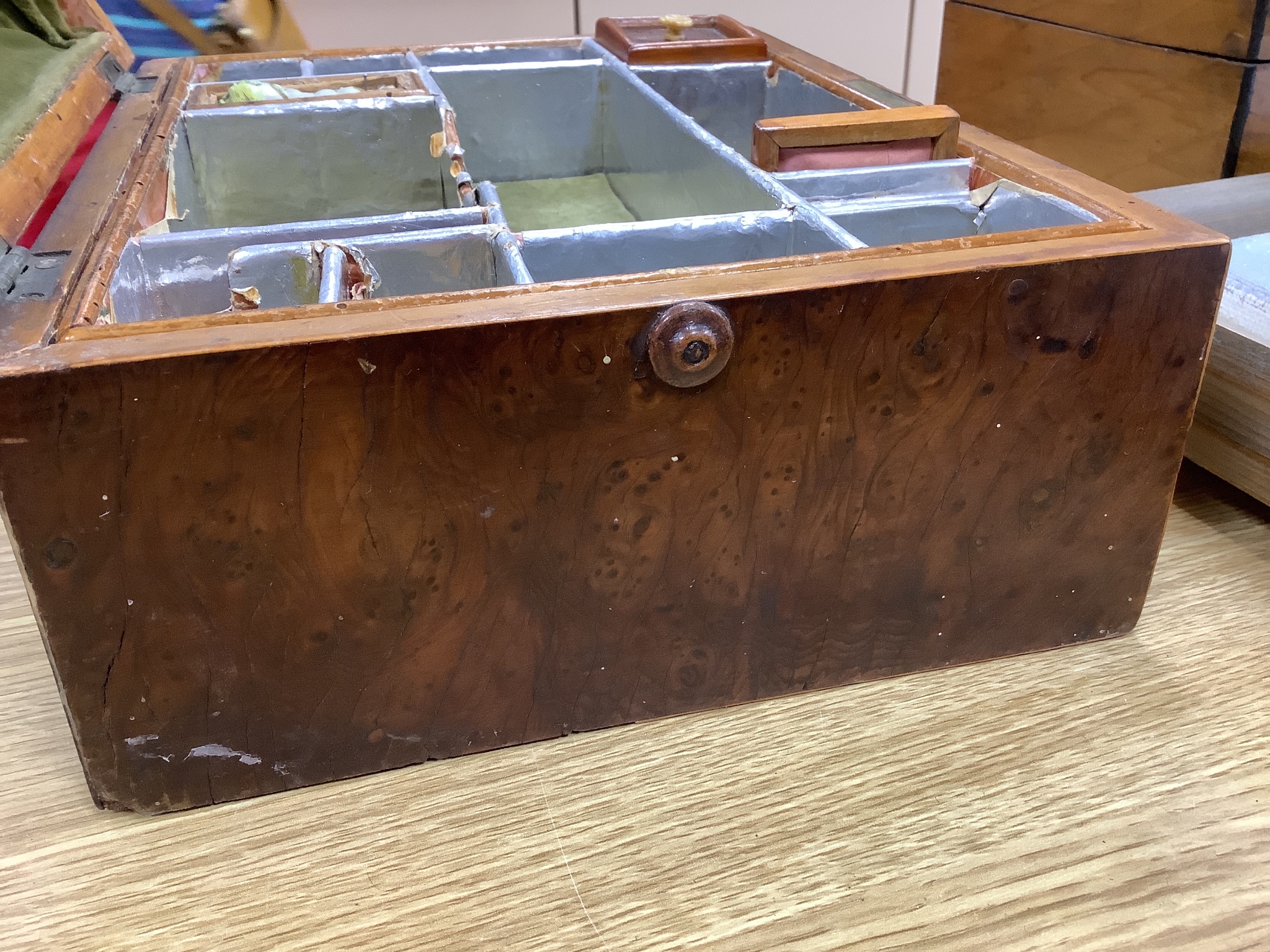 A Regency bird's eye maple work box, 13 cm high, 25 x 20cm and a parquetry box (2)